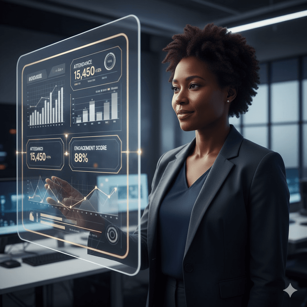 Event organizer reviewing a data analytics dashboard with glowing charts