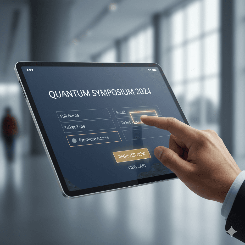 Person using a tablet with a sleek event registration interface